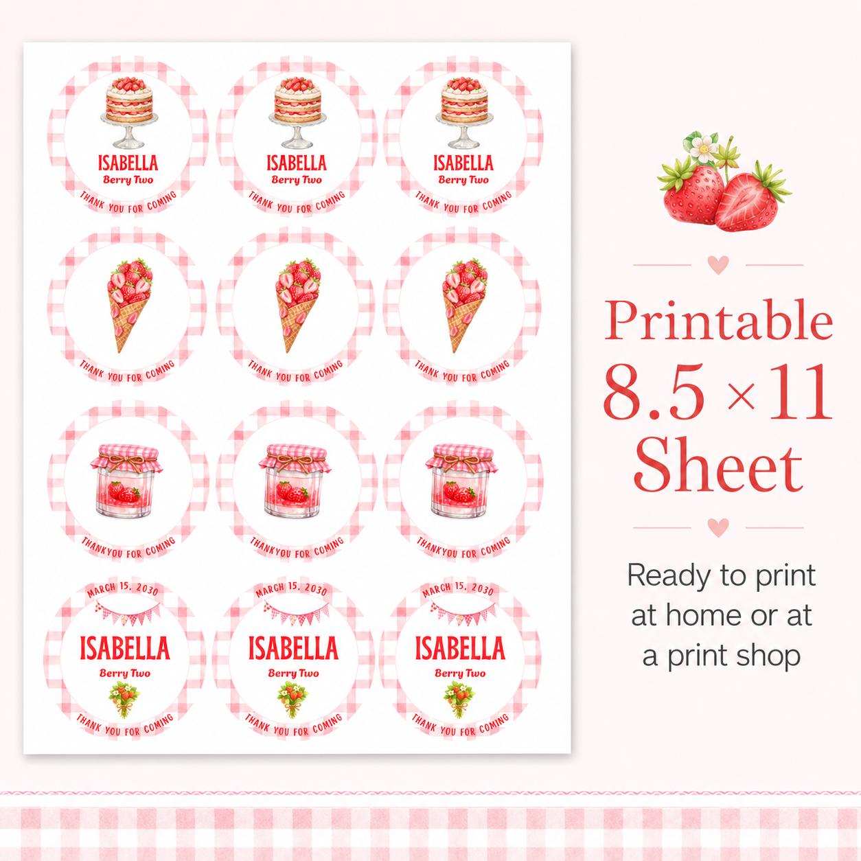 Strawberry Cupcake Toppers & Favor Tags – Editable Canva Template