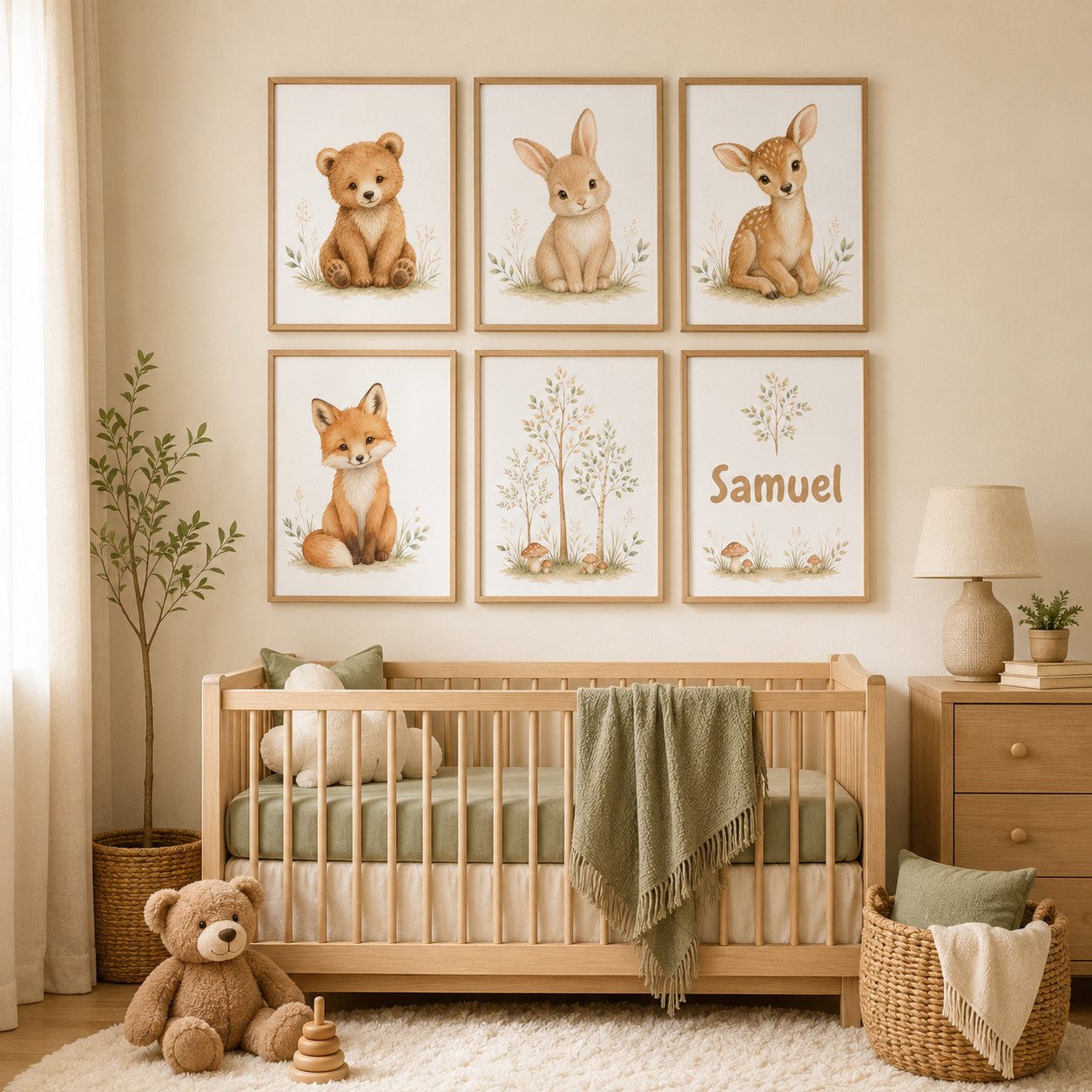 Woodland Nursery Wall Art Set of 6 – Printable Baby Animal Decor & Editable Name Print