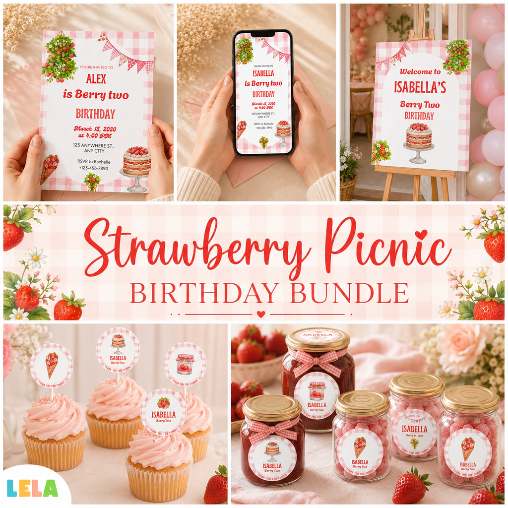 Strawberry Picnic Birthday Bundle – Editable Canva Party Templates