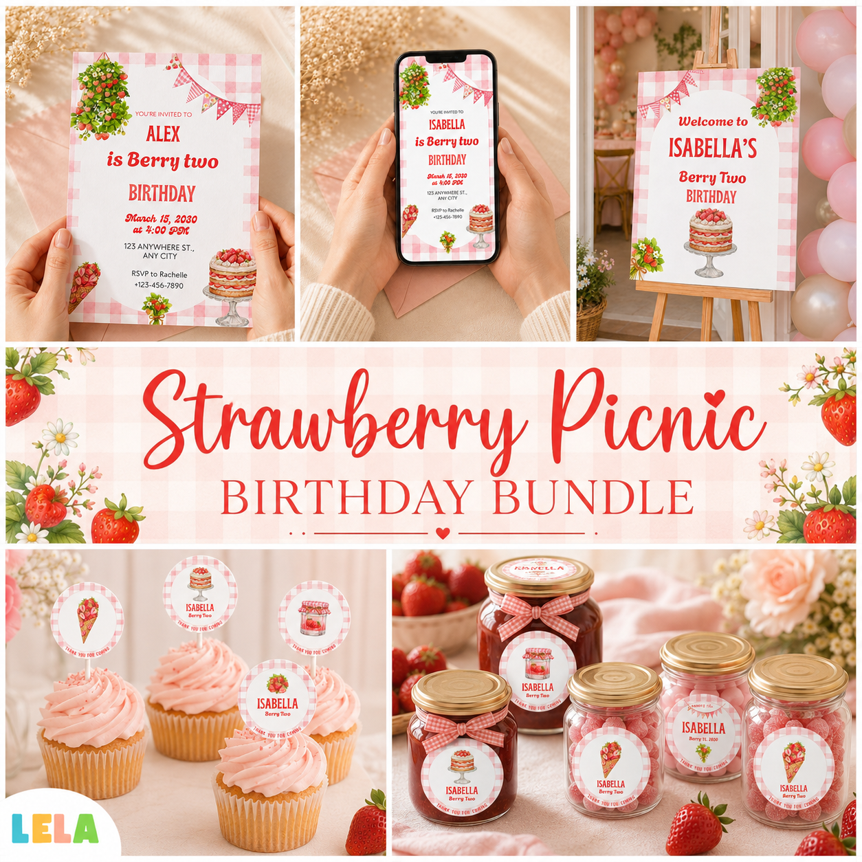 Strawberry Picnic Birthday Bundle – Editable Canva Party Templates