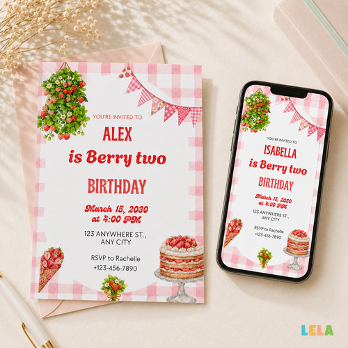 Strawberry Picnic Birthday Bundle – Editable Canva Party Templates