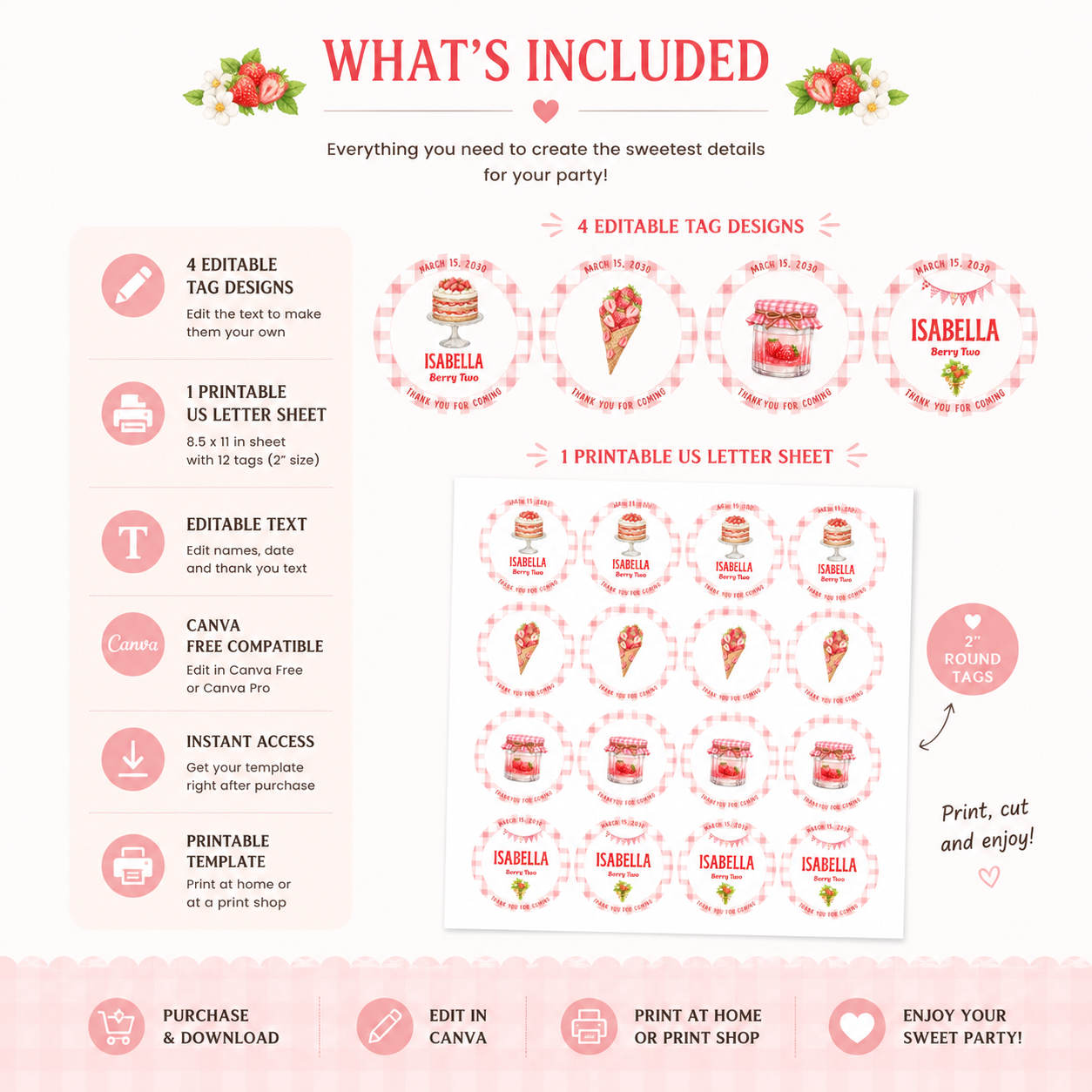 Strawberry Cupcake Toppers & Favor Tags – Editable Canva Template