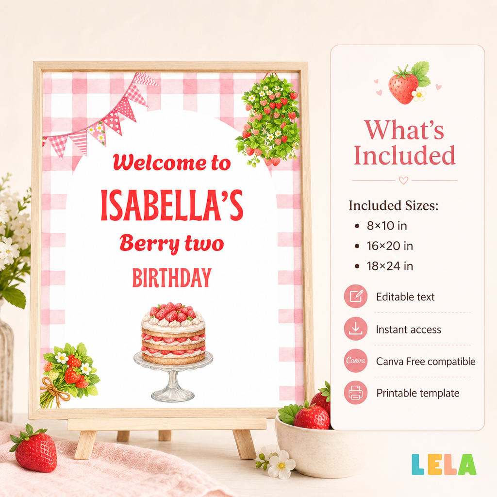 Strawberry Welcome Sign Template – Editable Strawberry Birthday Sign, 3 Printable Sizes