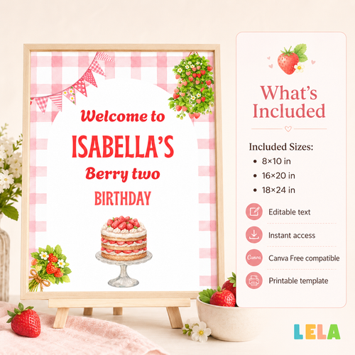 Strawberry Welcome Sign Template – Editable Strawberry Birthday Sign, 3 Printable Sizes