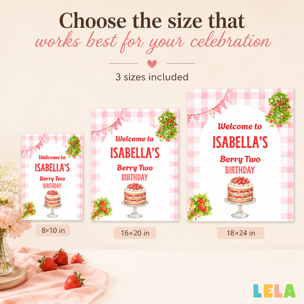 Strawberry Welcome Sign Template – Editable Strawberry Birthday Sign, 3 Printable Sizes