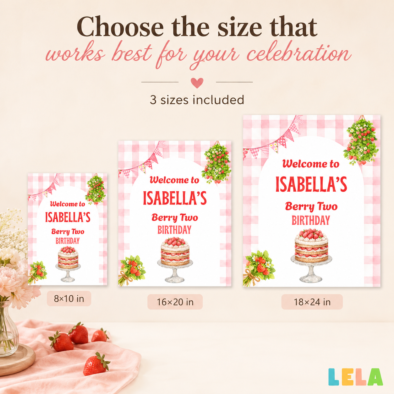 Strawberry Welcome Sign Template – Editable Strawberry Birthday Sign, 3 Printable Sizes