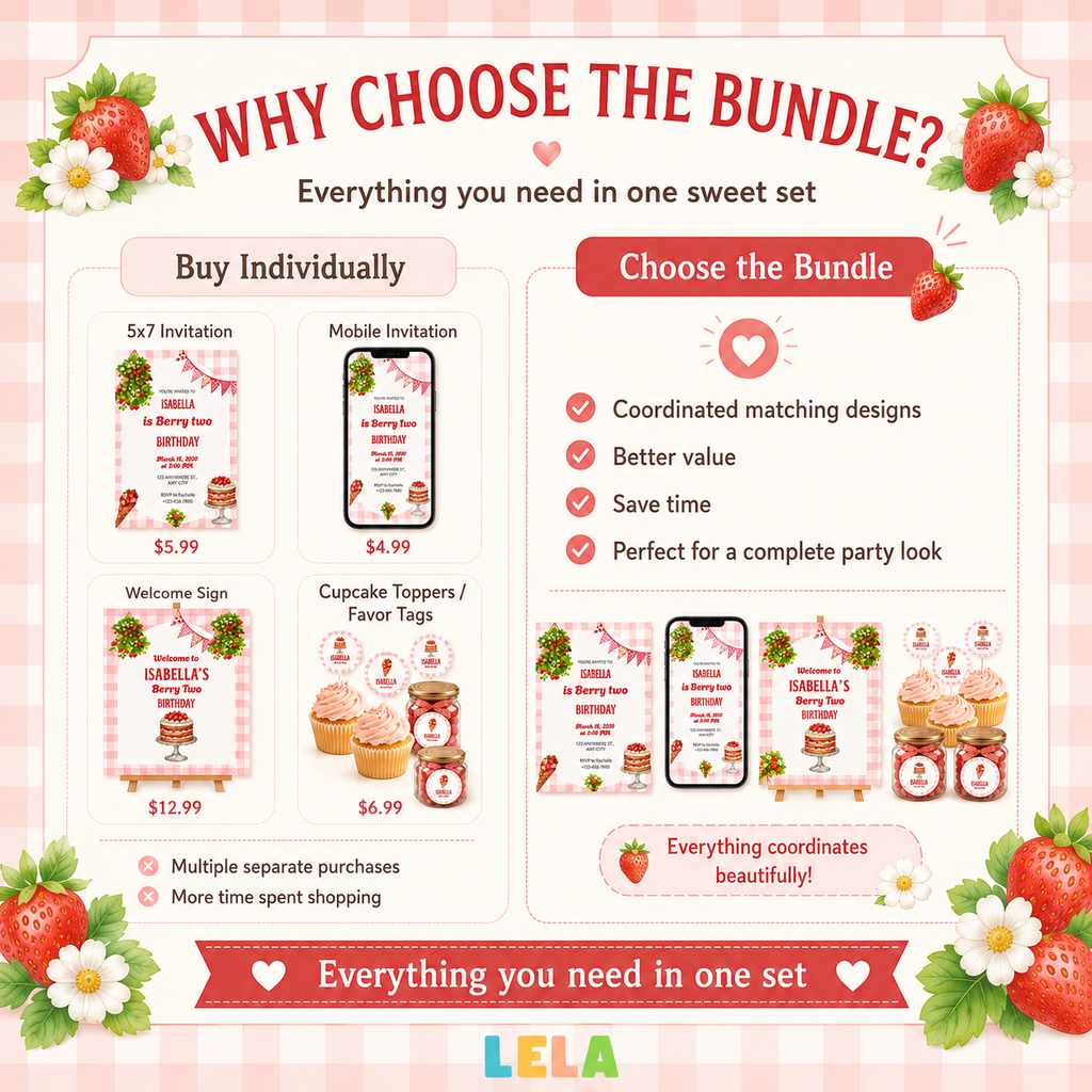 Strawberry Picnic Birthday Bundle – Editable Canva Party Templates