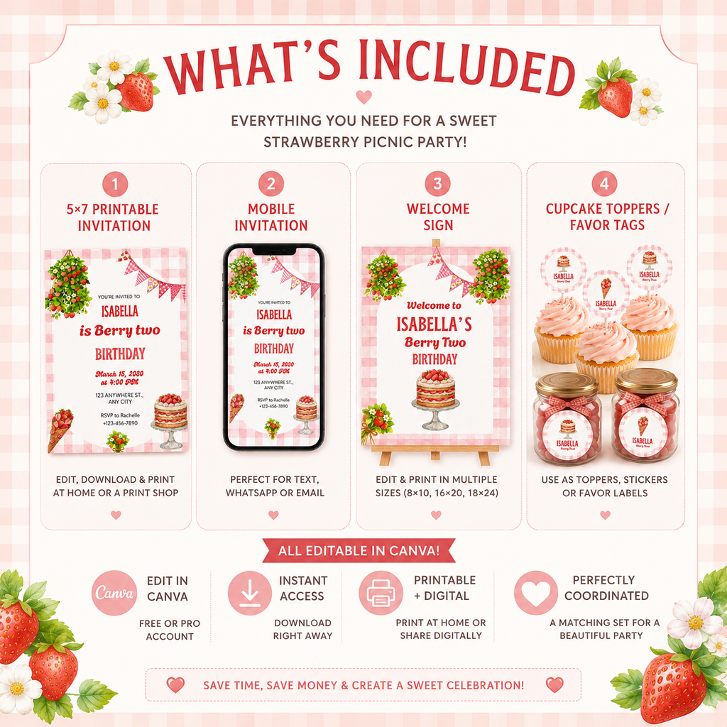 Strawberry Picnic Birthday Bundle – Editable Canva Party Templates