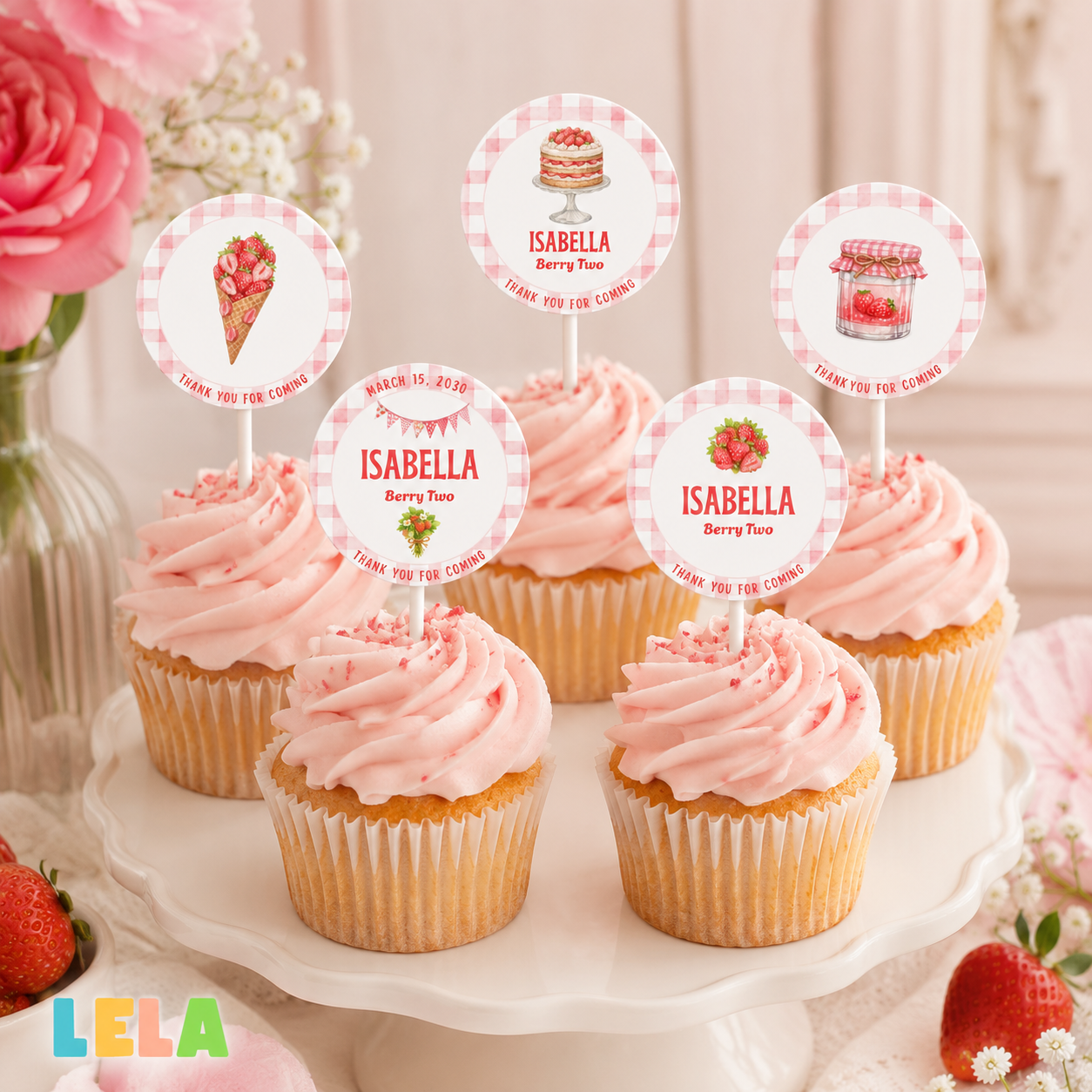 Strawberry Cupcake Toppers & Favor Tags – Editable Canva Template