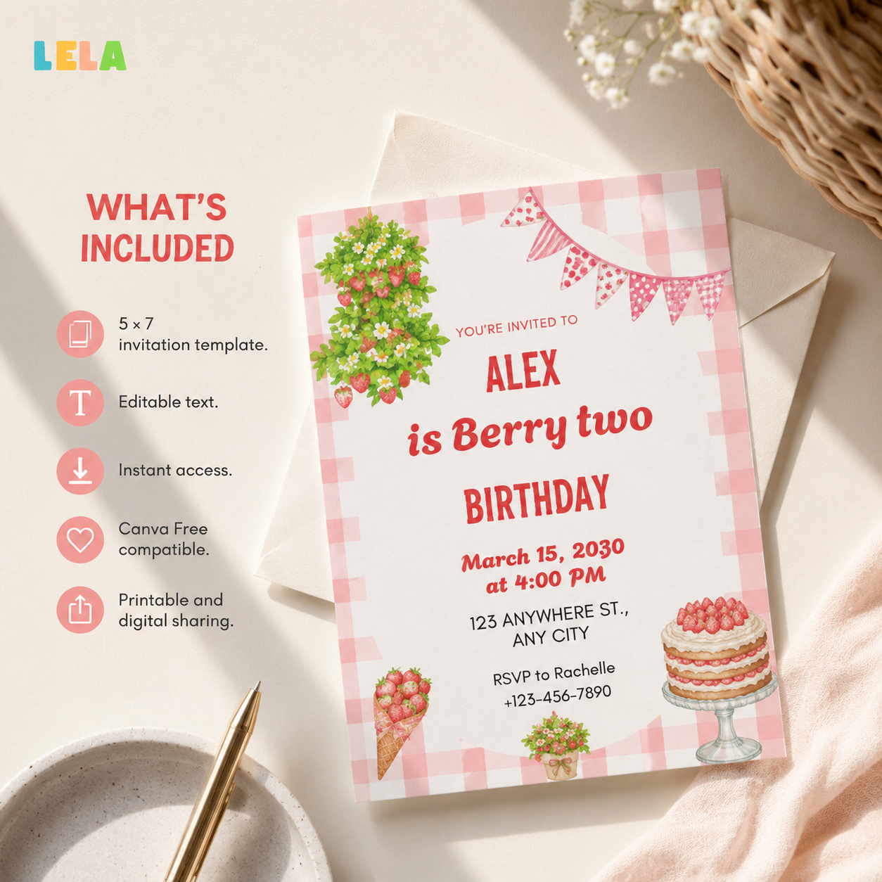 Strawberry Birthday Invitation Template – Printable, Mobile or Bundle