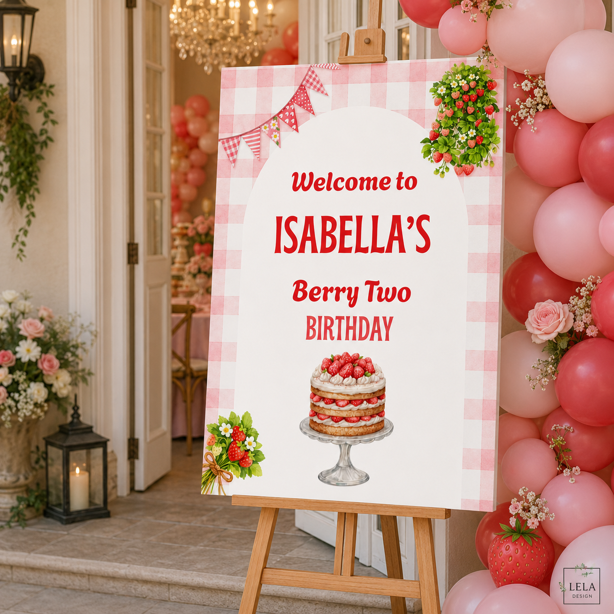 Strawberry Welcome Sign Template – Editable Strawberry Birthday Sign, 3 Printable Sizes