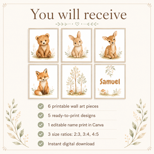 Woodland Nursery Wall Art Set of 6 – Printable Baby Animal Decor & Editable Name Print