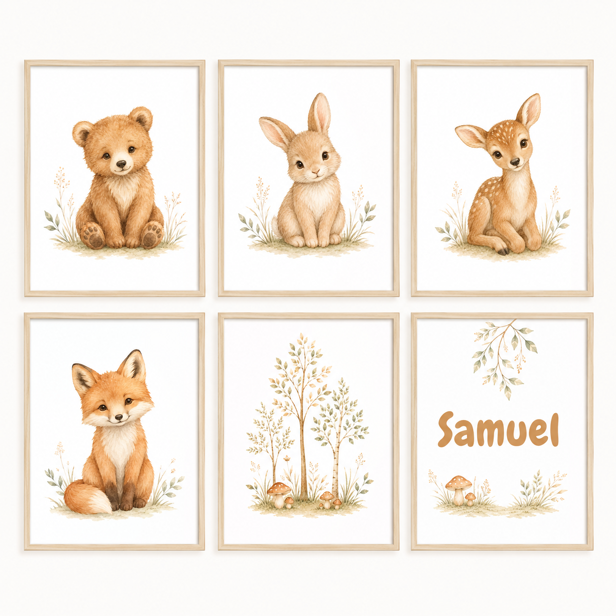 Woodland Nursery Wall Art Set of 6 – Printable Baby Animal Decor & Editable Name Print