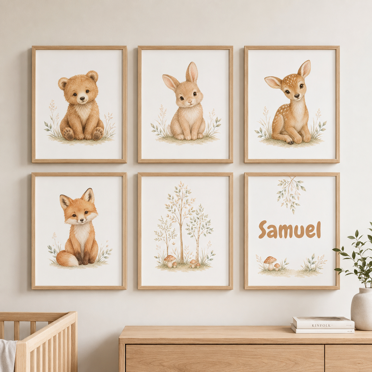 Woodland Nursery Wall Art Set of 6 – Printable Baby Animal Decor & Editable Name Print